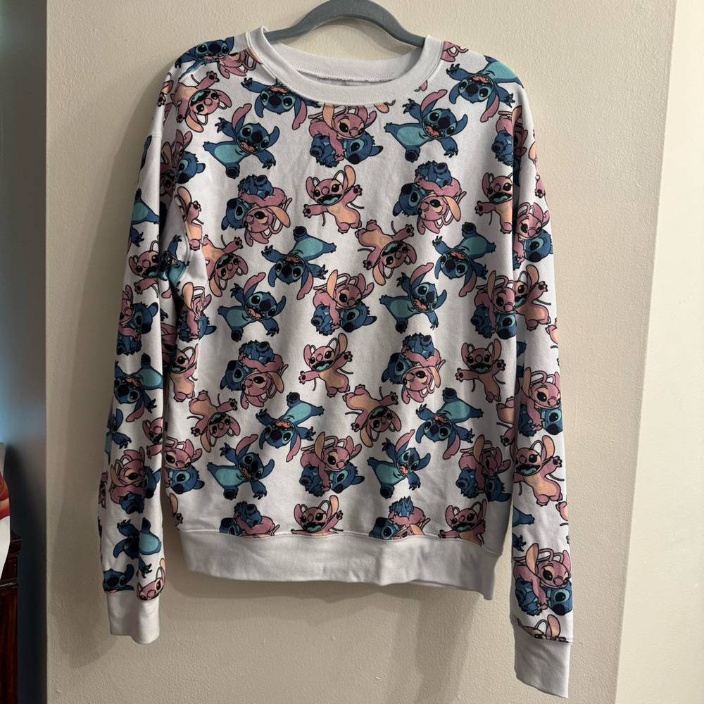 Disney Stitch and Angel White Long Sleeve Pull Over Crewneck Sweatshirt